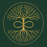 The Wisdom Method logo: a gold tree of life with an infinity symbol in its trunk, on deep green